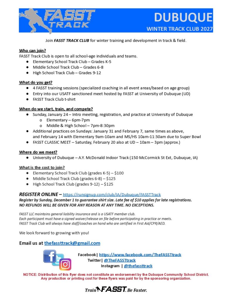 Winter track club includes 4 practices, entry into events at track meet, and club t-shirt.
Practices: January 24, 31, February 7 and 14
Meet: February 20
Elementary School - $100 | Middle & High School - $125